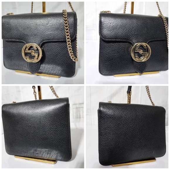 Authentic GUCCI Dollar Calfskin Interlocking G Shoulder Bag Black - Picture 10 of 15
